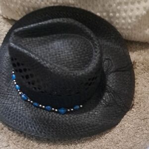 Black Straw Cowboy Hat with Blue Bead Trim